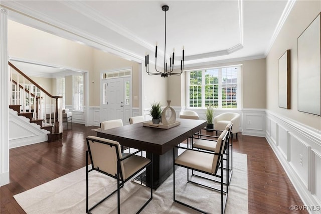 16400 Orchard Tavern Pl, Moseley, VA 23120 - dining area with a decorative wall, a chandelier, stairway, wood finished floors, and crown molding