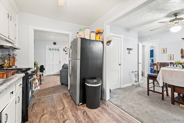 322 St Matthew St, Petersburg, VA 23803 - kitchen featuring stainless steel appliances, ceiling fan, under cabinet range hood, white cabinets, and a textured ceiling