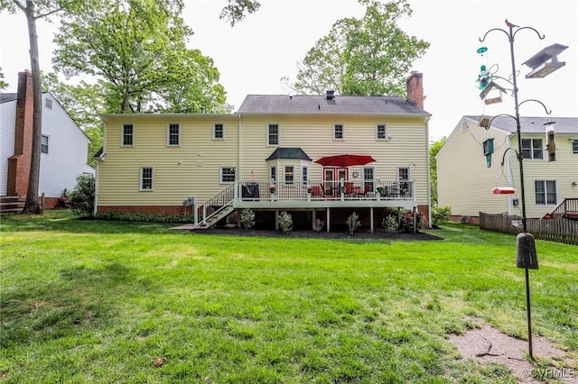 4606 Oak Hollow Rd, Chester, VA 23831 - rear view of house with a deck, stairs, a lawn, and a chimney
