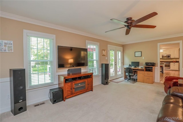 4606 Oak Hollow Rd, Chester, VA 23831 - office area featuring french doors, a ceiling fan, crown molding, and light colored carpet