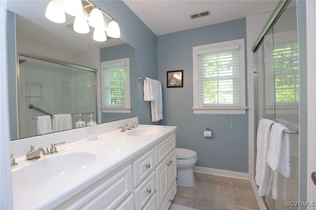 4606 Oak Hollow Rd, Chester, VA 23831 - bathroom featuring a shower with door, double vanity, a chandelier, and tile patterned floors