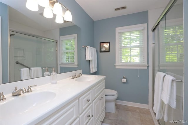 4606 Oak Hollow Rd, Chester, VA 23831 - full bathroom with a shower with door, double vanity, and a chandelier