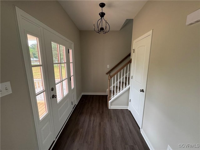 48 Cedar Hill Rd, Mineral, VA 23117 - doorway with dark wood-style flooring, baseboards, stairs, and a chandelier