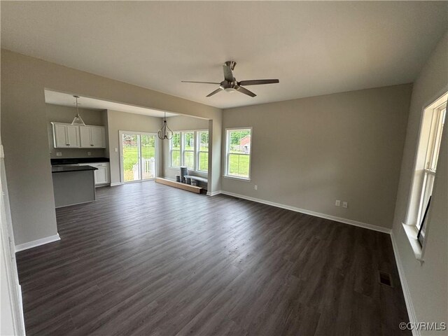 48 Cedar Hill Rd, Mineral, VA 23117 - unfurnished living room with a ceiling fan, dark wood finished floors, and baseboards