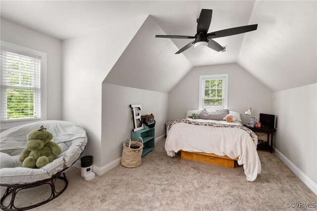 1845 Lower Mill Rd, Powhatan, VA 23139 - carpeted bedroom featuring baseboards, ceiling fan, and vaulted ceiling