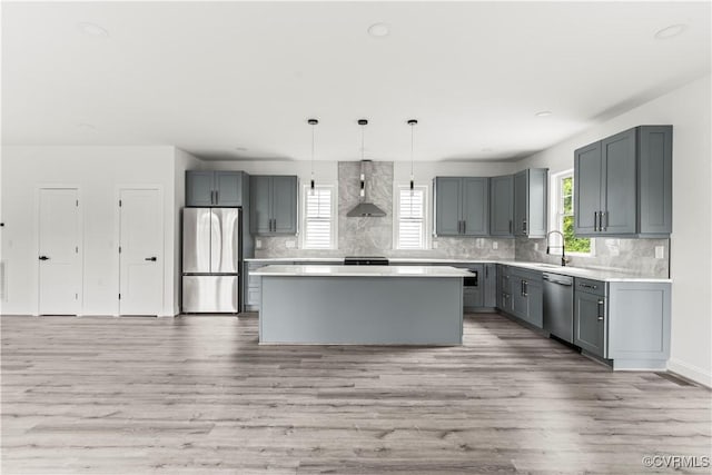 2001 Monteiro Ave, Richmond, VA 23222 - kitchen with appliances with stainless steel finishes, wall chimney range hood, gray cabinetry, healthy amount of natural light, and recessed lighting