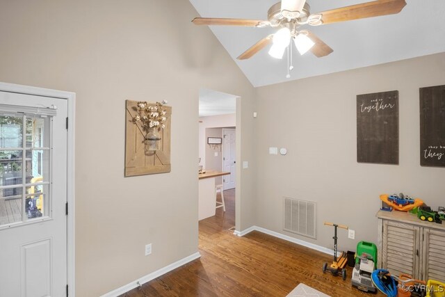 3190 Magnolia Woods Ter, New Kent, VA 23141 - entrance foyer with ceiling fan, wood finished floors, baseboards, and high vaulted ceiling
