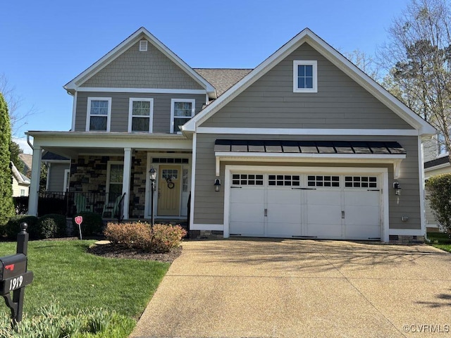 1919 Hounslow Ln, Manakin Sabot, VA 23103 - craftsman-style home with driveway, a porch, a standing seam roof, a garage, and a front yard
