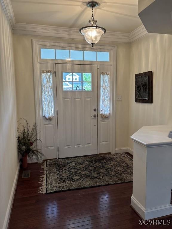 1919 Hounslow Ln, Manakin Sabot, VA 23103 - entryway featuring dark wood-type flooring, ornamental molding, and baseboards