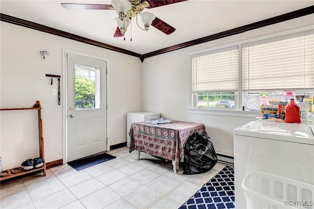 9301 Carlway Ct, Henrico, VA 23228 - laundry room with a baseboard heating unit, crown molding, ceiling fan, independent washer and dryer, and light tile patterned floors