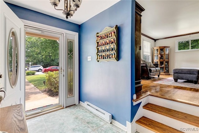 9301 Carlway Ct, Henrico, VA 23228 - foyer entrance with a baseboard radiator, a chandelier, baseboards, and light tile patterned floors