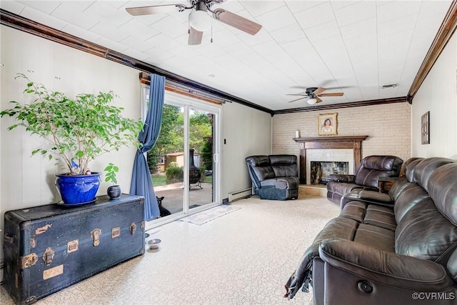 9301 Carlway Ct, Henrico, VA 23228 - living area with ceiling fan, ornamental molding, a fireplace with raised hearth, and baseboard heating