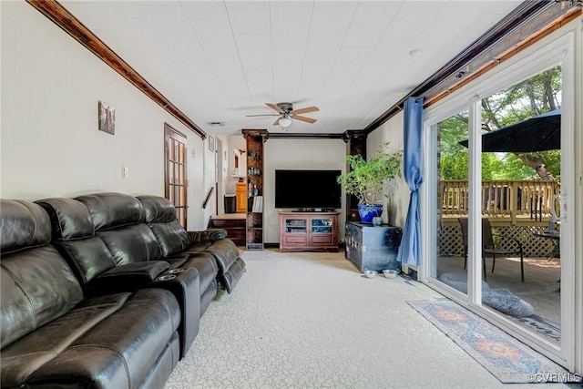 9301 Carlway Ct, Henrico, VA 23228 - carpeted living room featuring ceiling fan and ornamental molding