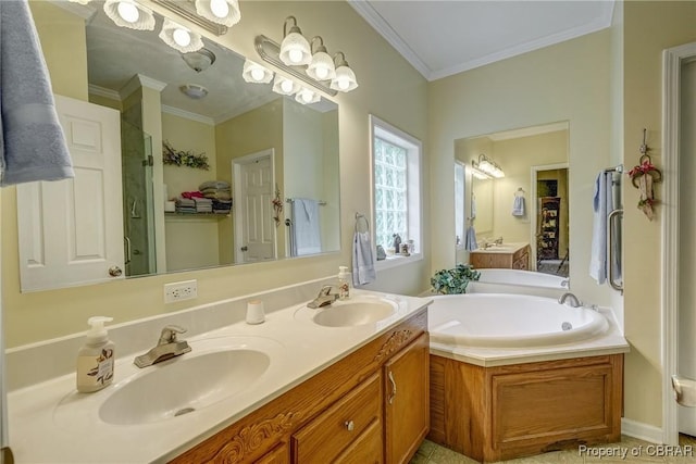10402 Freewelcome Ln, Gloucester, VA 23050 - full bath featuring a bath, double vanity, a stall shower, and ornamental molding