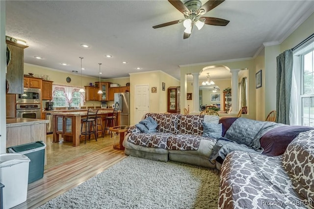 10402 Freewelcome Ln, Gloucester, VA 23050 - living room featuring ornate columns, plenty of natural light, ceiling fan, arched walkways, and ornamental molding