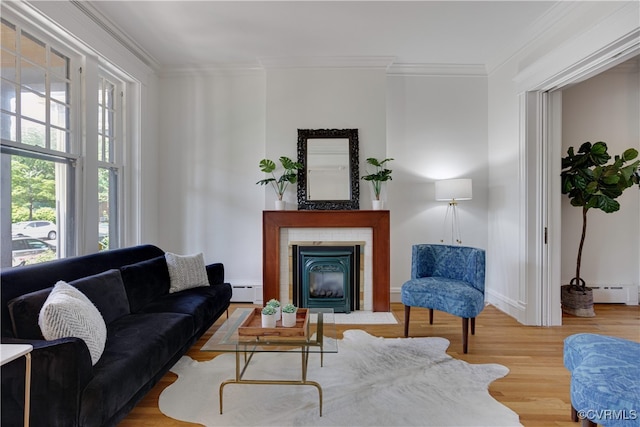 living area featuring wood finished floors, crown molding, a baseboard heating unit, a glass covered fireplace, and a baseboard radiator