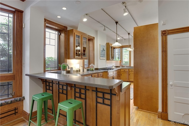 kitchen featuring track lighting, glass insert cabinets, light wood-type flooring, a peninsula, and a sink