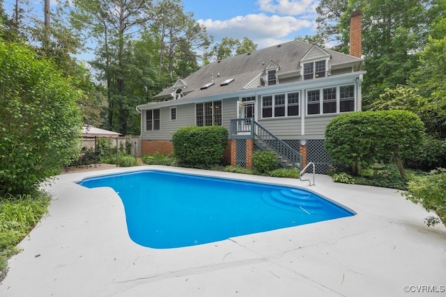 5904 Fox Crest Pl, Midlothian, VA 23112 - view of swimming pool featuring a sunroom, a patio, and stairs