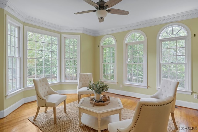 5904 Fox Crest Pl, Midlothian, VA 23112 - sitting room featuring baseboards, a ceiling fan, light wood finished floors, and ornamental molding