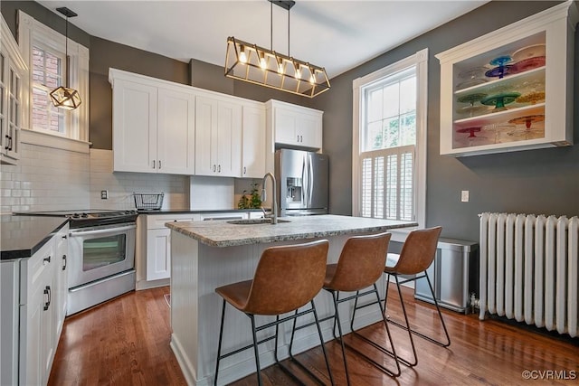 kitchen with radiator, stainless steel appliances, a sink, decorative backsplash, and dark wood-type flooring