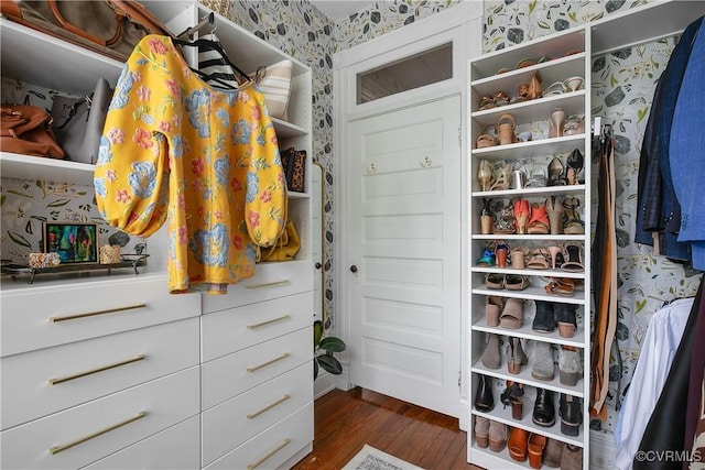 walk in closet with dark wood-style floors