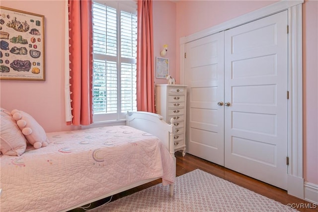 bedroom with wood finished floors and a closet