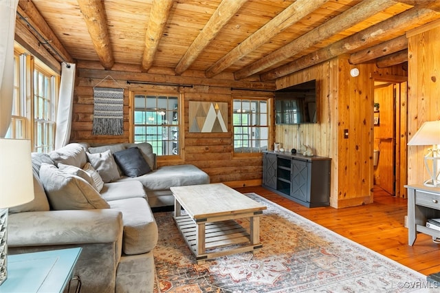 13 Bunker Blvd, Palmyra, VA 22963 - living area featuring hardwood / wood-style floors, wood ceiling with exposed beams, and log walls
