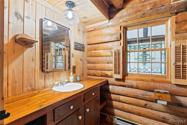 13 Bunker Blvd, Palmyra, VA 22963 - bathroom featuring log walls, wooden ceiling with exposed beams, and vanity
