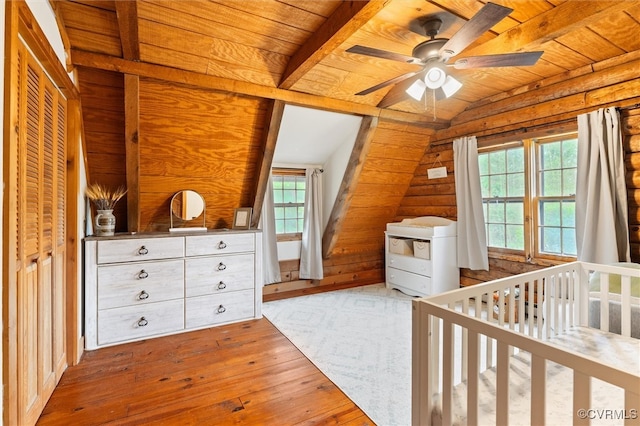 13 Bunker Blvd, Palmyra, VA 22963 - bedroom with hardwood / wood-style floors, wood ceiling, a crib, and lofted ceiling