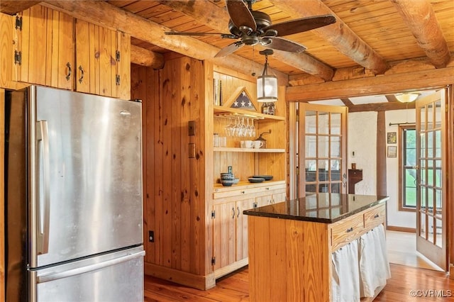 13 Bunker Blvd, Palmyra, VA 22963 - kitchen with freestanding refrigerator, wood ceiling with exposed beams, light wood finished floors, a ceiling fan, and baseboards