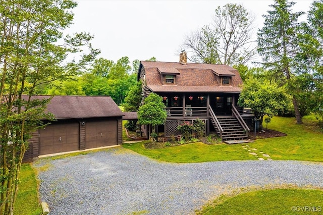 13 Bunker Blvd, Palmyra, VA 22963 - view of front of property featuring a chimney, a front yard, stairway, a shingled roof, and an outbuilding