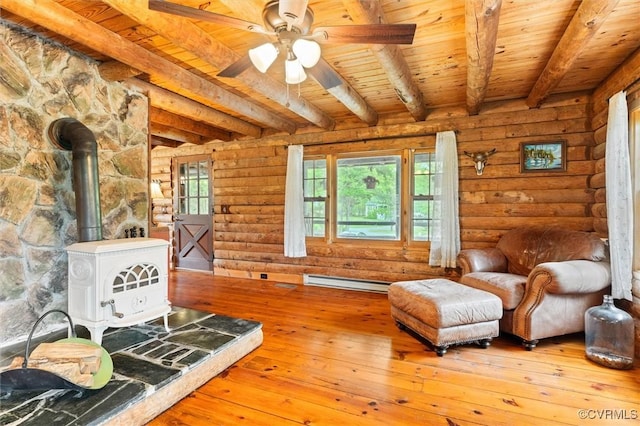 13 Bunker Blvd, Palmyra, VA 22963 - living area with a wood stove, wood ceiling with exposed beams, a baseboard radiator, wood-type flooring, and a ceiling fan