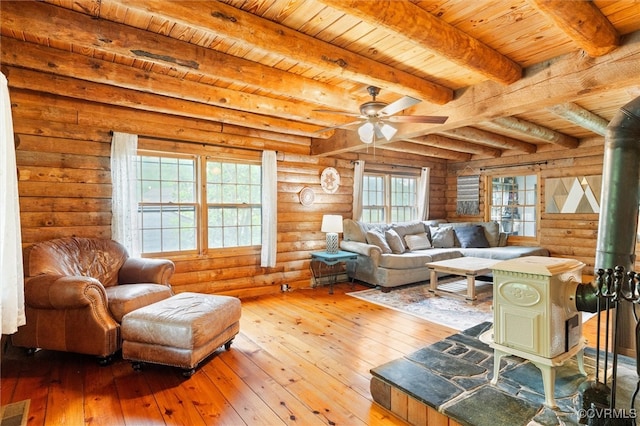 13 Bunker Blvd, Palmyra, VA 22963 - living area featuring wooden ceiling with exposed beams, log walls, wood-type flooring, and ceiling fan