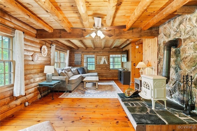 13 Bunker Blvd, Palmyra, VA 22963 - living room featuring log walls, wooden ceiling with exposed beams, light wood-style floors, a ceiling fan, and a wood stove