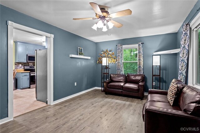 2465 W Deerpath Dr, Powhatan, VA 23139 - living room with light wood finished floors, a ceiling fan, and baseboards
