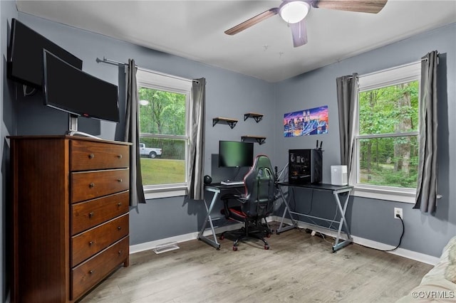 2465 W Deerpath Dr, Powhatan, VA 23139 - office area featuring light wood-type flooring, ceiling fan, and baseboards