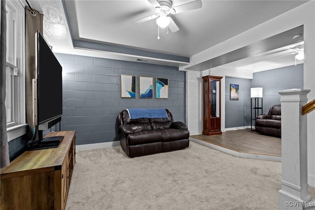 2465 W Deerpath Dr, Powhatan, VA 23139 - living area featuring ceiling fan, carpet floors, and concrete block wall
