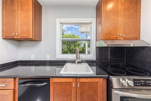 25 Cherry St, Petersburg, VA 23803 - kitchen featuring electric range, under cabinet range hood, a sink, dishwasher, and dark stone counters