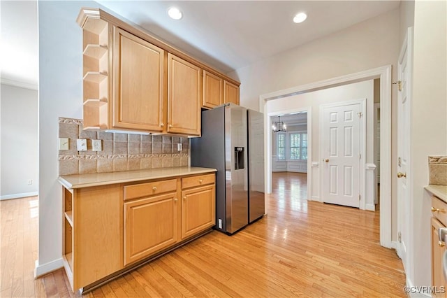 1355 Hawkins Wood Cir, Midlothian, VA 23114 - kitchen featuring open shelves, stainless steel fridge, light countertops, light wood-style floors, and recessed lighting