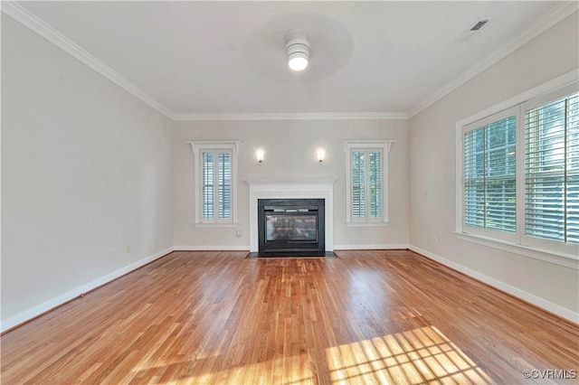1355 Hawkins Wood Cir, Midlothian, VA 23114 - unfurnished living room featuring wood finished floors, a fireplace with flush hearth, baseboards, crown molding, and ceiling fan