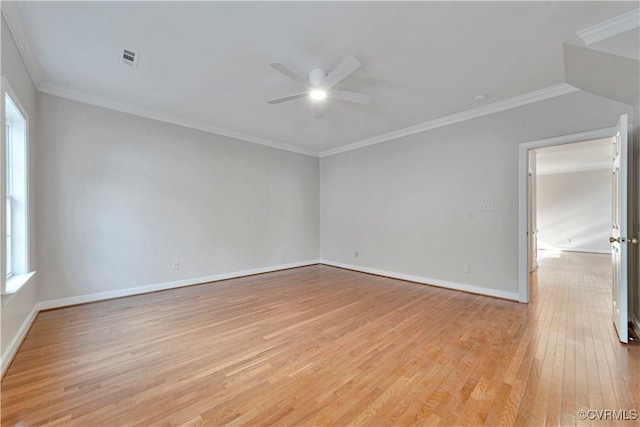 1355 Hawkins Wood Cir, Midlothian, VA 23114 - empty room featuring a ceiling fan, light wood-style floors, plenty of natural light, baseboards, and crown molding