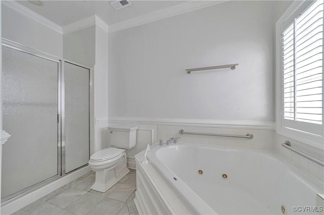 1355 Hawkins Wood Cir, Midlothian, VA 23114 - full bath with crown molding, toilet, a jetted tub, a shower stall, and a wainscoted wall