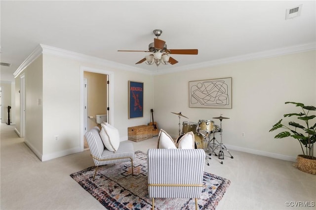 16412 Ravenchase Way, Moseley, VA 23120 - living room featuring light colored carpet, ceiling fan, and ornamental molding