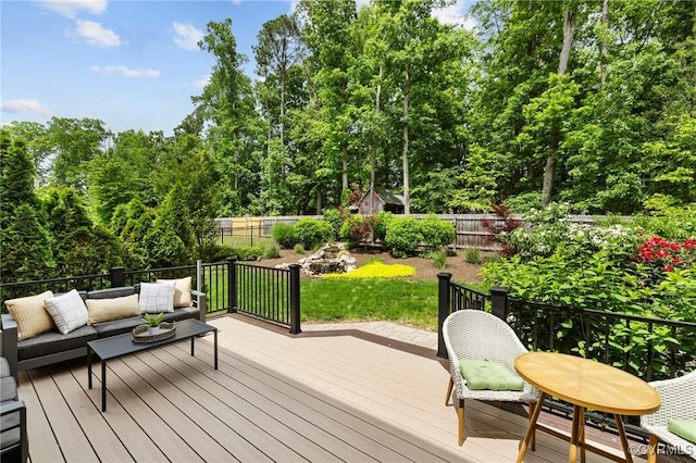 16412 Ravenchase Way, Moseley, VA 23120 - wooden terrace featuring an outdoor hangout area, a fenced backyard, and view of scattered trees