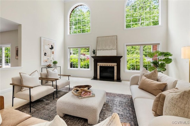 16412 Ravenchase Way, Moseley, VA 23120 - living area featuring a high ceiling and a fireplace with flush hearth