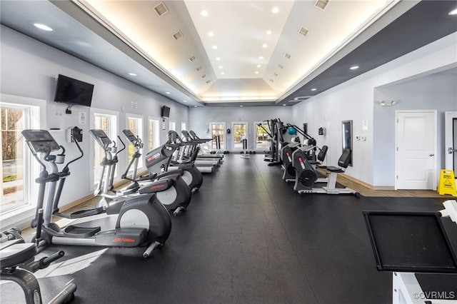 16412 Ravenchase Way, Moseley, VA 23120 - workout area featuring a raised ceiling, recessed lighting, and vaulted ceiling