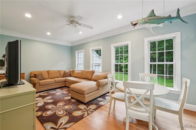 9226 Shelton Pointe Dr, Mechanicsville, VA 23116 - living room with healthy amount of natural light, a ceiling fan, ornamental molding, light wood-type flooring, and recessed lighting