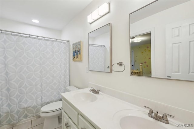 9226 Shelton Pointe Dr, Mechanicsville, VA 23116 - bathroom featuring double vanity, toilet, tile patterned flooring, and curtained shower