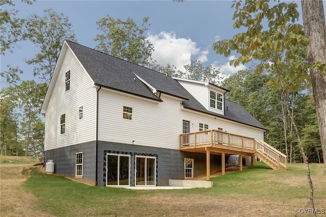 170 Glenmore Ln, Keswick, VA 22947 - rear view of house featuring a wooden deck, a lawn, stairs, and a shingled roof
