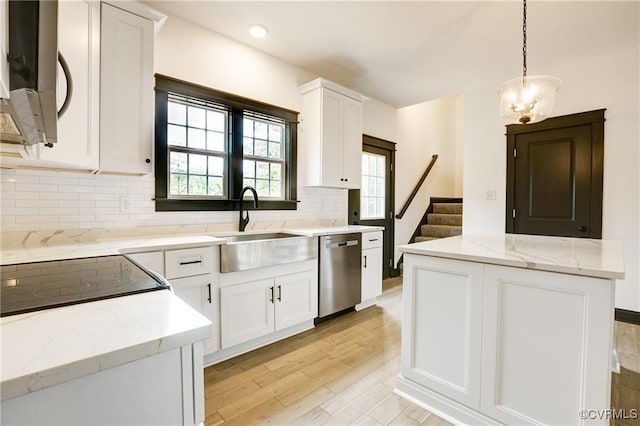 170 Glenmore Ln, Keswick, VA 22947 - kitchen with appliances with stainless steel finishes, a sink, light wood-type flooring, tasteful backsplash, and white cabinets